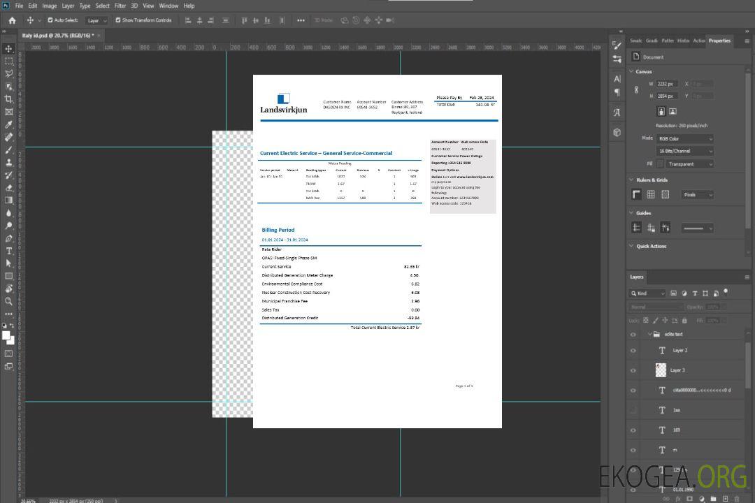 Modèle de facture de services publics d'électricité de la Compagnie nationale d'électricité d'Islande Landsvirkjun aux formats Word et PDF template